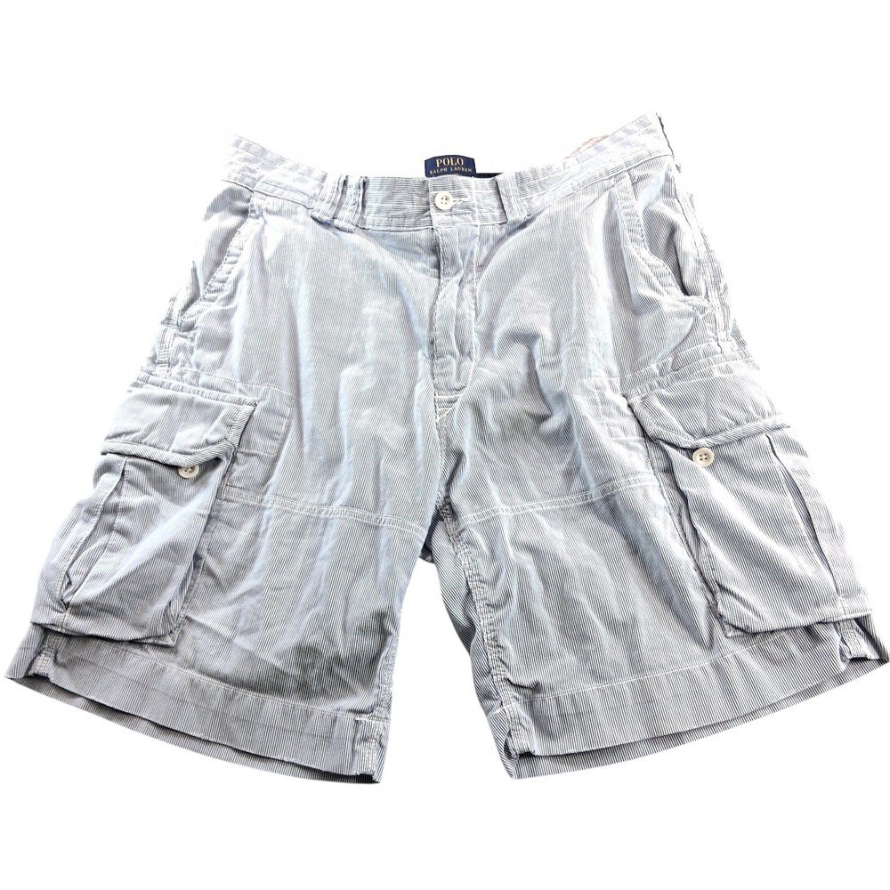 Polo Ralph Lauren Cargo Shorts Mens 35 Blue White Seersucker Striped Cotton